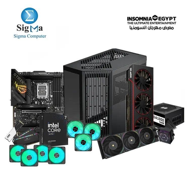 تجميعة INSOMNIA -3- اسوس ROG STRIX Z890-H GAMING WIFI - معالج انتل Core Ultra 7 265KF - رام كورسير DOMINATOR PLATINUM RGB 32GB DDR5 7200MHz - هارد KLEVV C910 500GB - كرت شاشة XFX RX 7900 XTX 24GB - مبرد Thermalright Hyper Vision 360 ARGB - باور سبلاي SilverStone DA1000 Gold - كيسة APNX V1