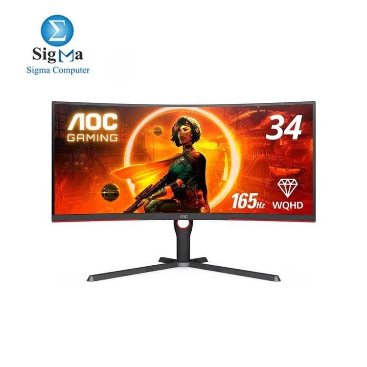 شاشة جيمنج منحنية Ultrawide AOC CU34G3S مقاس 34 بوصة بدون إطار دقة WQHD 3440 x1440 تردد 165Hz زمن استجابة 1ms تقنية FreeSync Premium قابلة لتعديل الارتفاع لون أسود