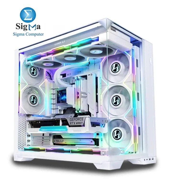 كيسة Lian Li O11 VISION (O11VPW أبيض): كيسة Tower، تدعم لوحات ATX/E-ATX، كرت شاشة حتى 408 مم، مبرد معالج 167 مم، 11 مروحة، رادياتير 360 مم، ألواح زجاج مقوى، فتحات متعددة لـ SSD/HDD