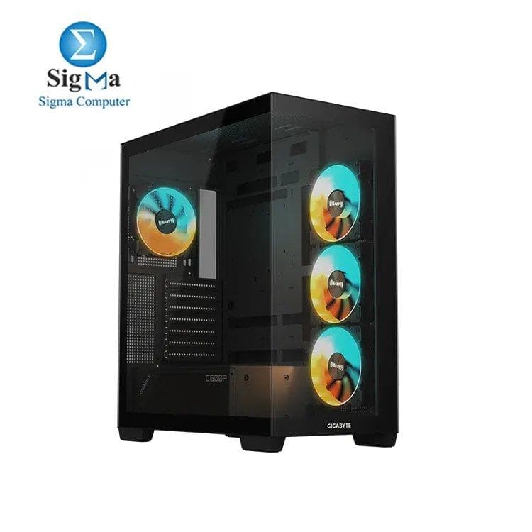 كيسة جيجابايت C500 PANORAMIC STEALTH Mid Tower - أسود مع دعم RGB، تركيب كرت الشاشة رأسياً، USB-C، خيارات تبريد، رادياتير 360mm