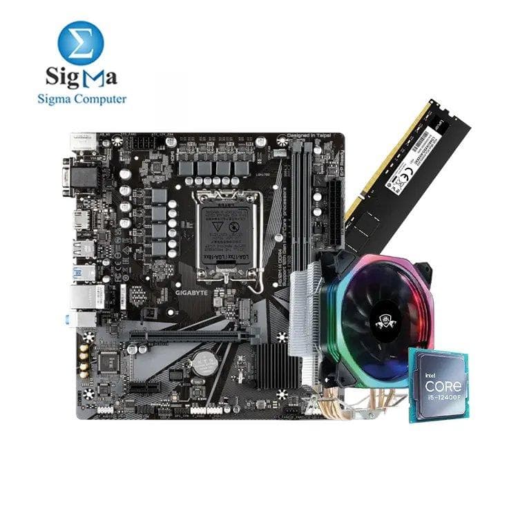 معالج انتل Core i5-12400F TRAY ومبرد معالج Phantom HF-400 RGB ولوحة أم جيجابايت H610M H DDR4 ورام Lexar 8GB DDR4-3200Hz