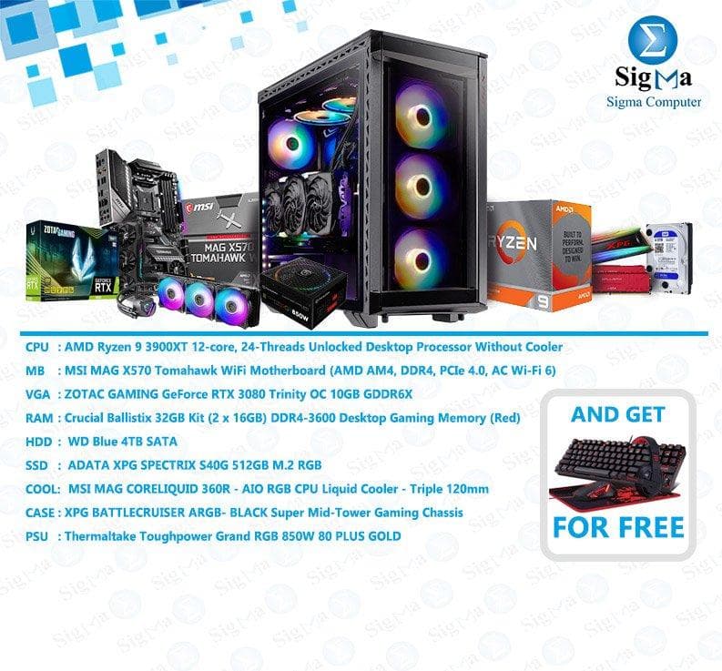 تجميعة كمبيوتر AMD RYZEN 9 3900XT - لوحة أم X570 Tomahawk - كرت شاشة RTX 3080 10G - رام 32GB 3600 - تخزين 4TB + 512GB SSD - تبريد مائي CORELIQUID 360R - كيسة BATTLECRUISER - باور سبلاي 850W 80+ GOLD