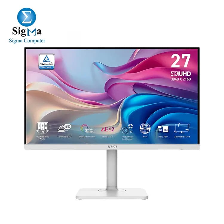 MSI Modern MD272UPHW 27 Inch UHD Desktop Monitor - 3840x2160 IPS Panel, 60Hz, Eye-Friendly Display, VESA Compatible, 4-Axis Adjustable - KVM, HDMI 2.0b, DisplayPort 1.4a, Type-C, USB-B, USB-A