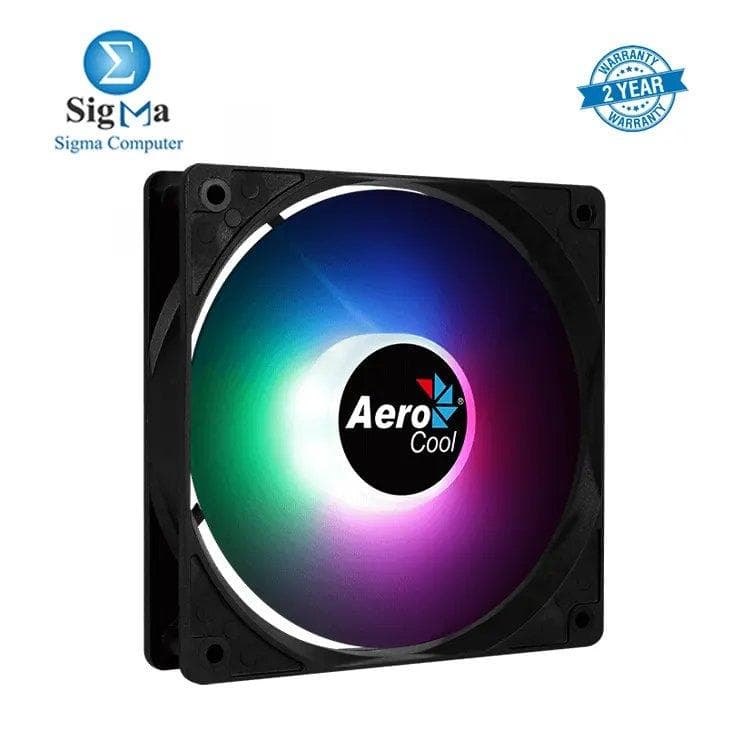 مروحة كيسة AeroCool Frost 12 12CM FRGB مقاس 120mm، سرعة 1000 RPM، تدفق هواء 24.8 CFM، توصيل Molex + 3-Pin، إضاءة RGB ثابتة، ضوضاء 23.7 dBA