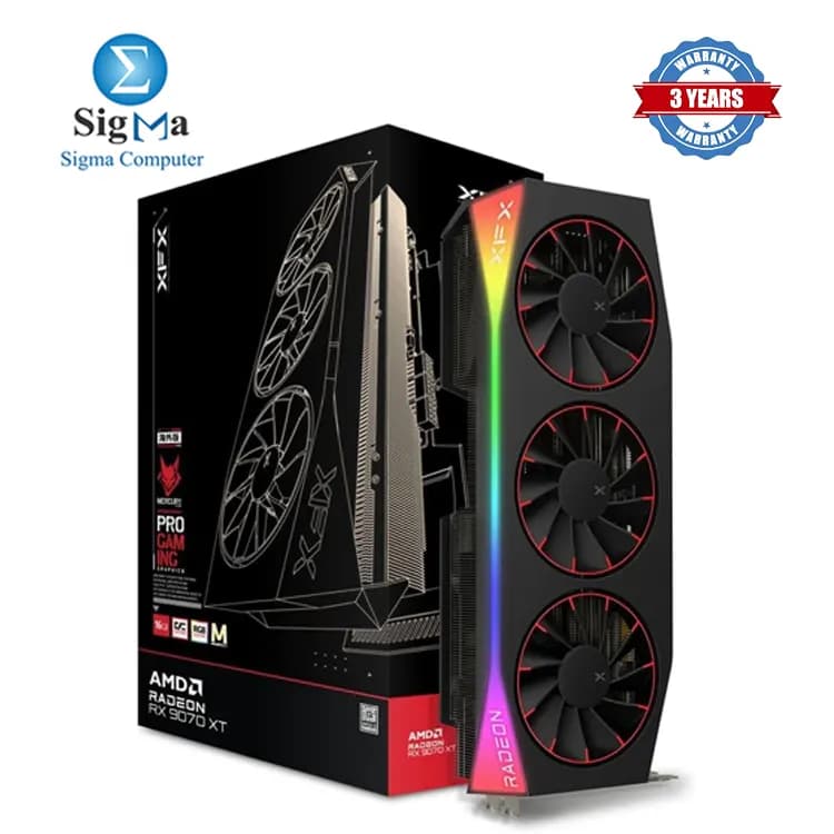 XFX Mercury AMD Radeon RX 9070XT OC Magnetic Air Edition with RGB 16GB GDDR6 3100MHz Boost RDNA 4 64 CUs PCIe 5.0 Triple Fan RGB 3x DP 2.1 1x HDMI 2.1 3x 8-pin Power.