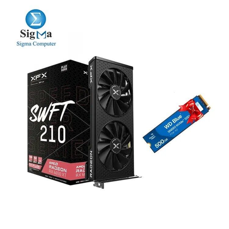 كرت شاشة XFX SPEEDSTER SWFT 210 AMD RADEON RX 6650 XT مع هارد ويسترن ديجيتال 500GB WD Blue SN580 بسرعة تصل إلى 4000 MB/s (هدية)