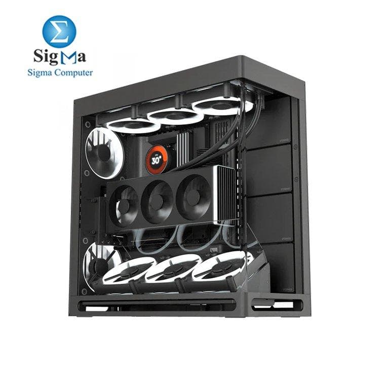 HAVN HS 420 VGPU Black Premium dual-chamber mid tower by HAVN supports E-ATX vertical GPU with Gen 5.0 riser (Gen 5) up to 11 fans dual 420mm radiators and panoramic curved glass panel.