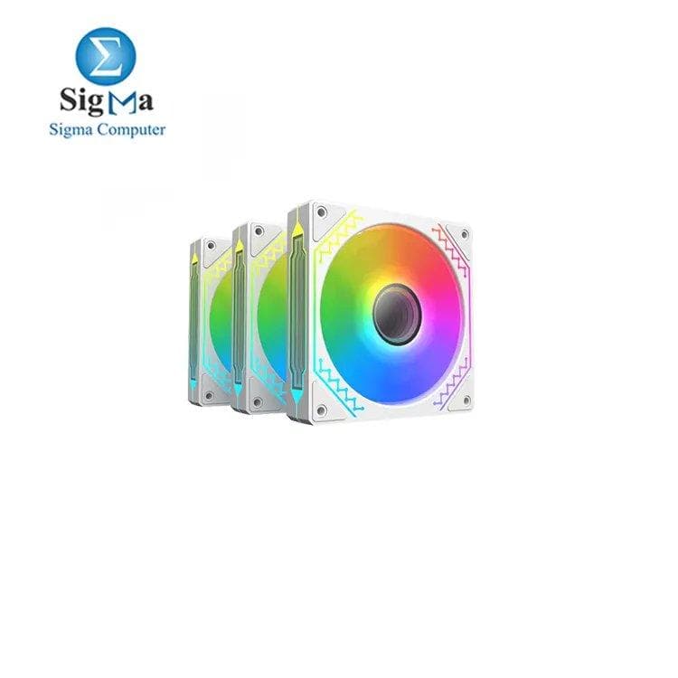 XIGMATEK Starz Pro Arctic ARGB fans (120mm, 1500 RPM, 47.60 CFM, <22.80 dBA, 30,000 hours lifespan) with addressable RGB, includes 3 fans, ARGB control box, remote controller, and screws