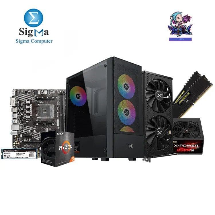 تجميعة جيمنج JINX R5 5500 6650XT - لوحة أم ام اسوس A520M-A PRO - معالج اي ام دي RYZEN 5-5500 - رام 16GB - كرت شاشة XFX RX 6650 XT 8GB - هارد 256GB - كيسة XIGMATEK Hero II - باور سبلاي 600W