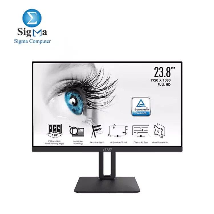 شاشة ام اس اي PRO MP242P للعناية بالعين - مقاس 23.8 بوصة، 1920 x 1080 Full HD، تقليل الضوء الأزرق، Anti-Flicker، شاشة IPS مضادة للتوهج 5ms 75Hz