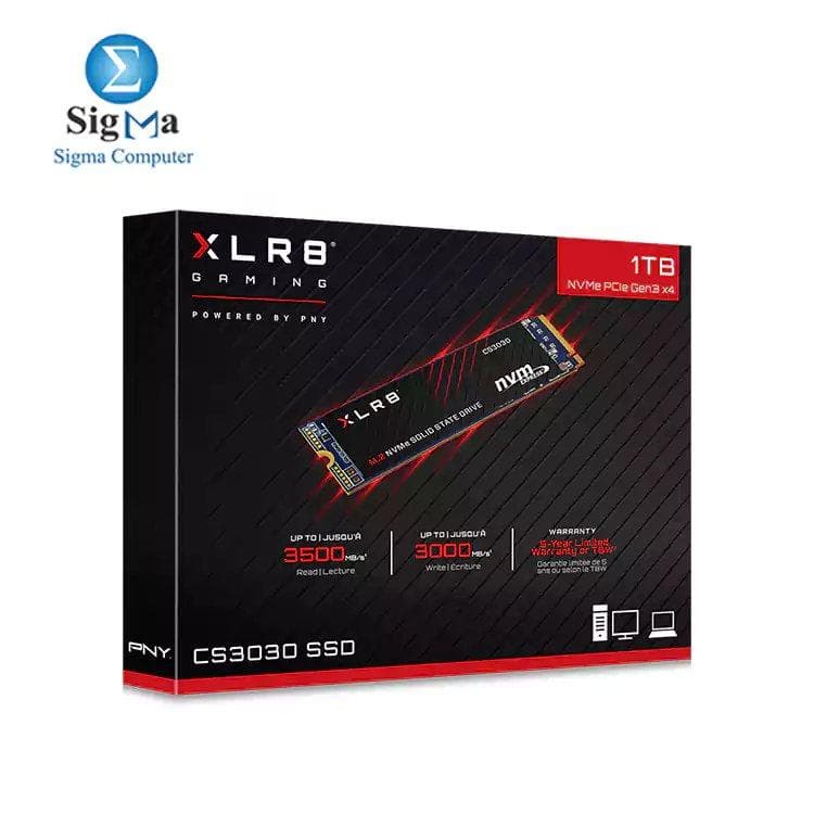 بي ان واي هارد داخلي XLR8 CS3030 1TB M.2 PCIe NVMe Gen3 x4 (SSD)، سرعة قراءة تصل إلى 3,500