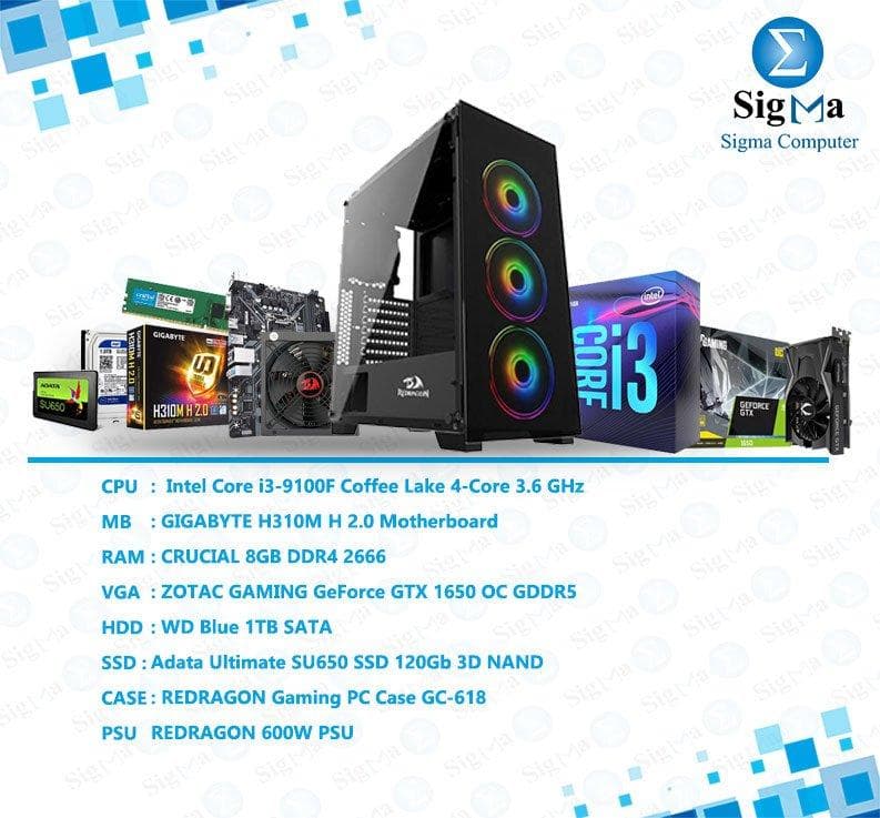 باندل معالج Intel Core i3-9100F - لوحة أم Gigabyte H310M H2 - رام 8GB DDR4 - كرت شاشة GTX 1650 - هارد WD1TB - هارد 12GB SSD - كيسة REDRAGON GC-618 - باور سبلاي Redragon 600W