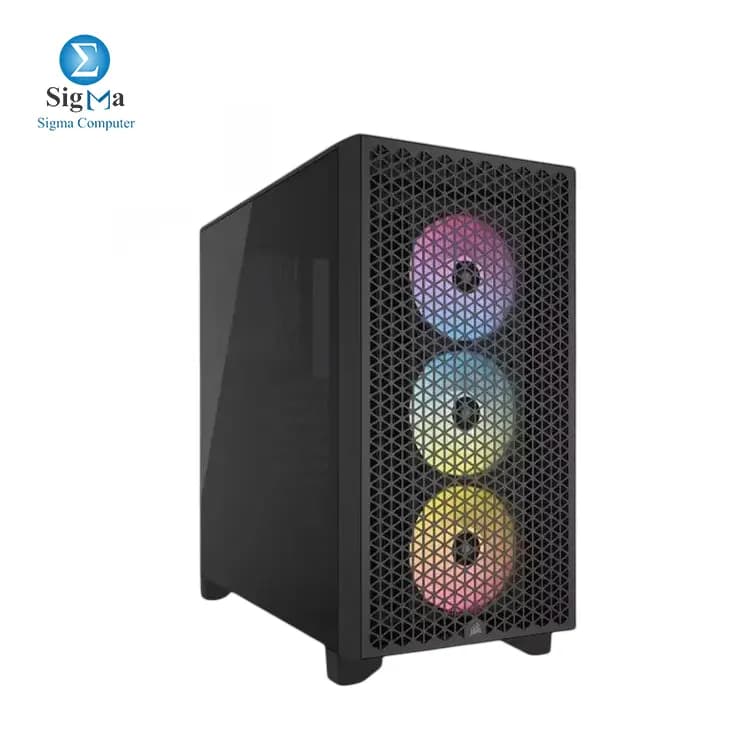 كيسة كمبيوتر كورسير 3000D RGB AIRFLOW ميد تاور - تشمل 3 مراوح AR120 RGB، تدعم حتى 8 مراوح 120mm، كرت شاشة ورادياتير 360mm، جانب زجاجي مقوى، وواجهة أمامية عالية تدفق الهواء.