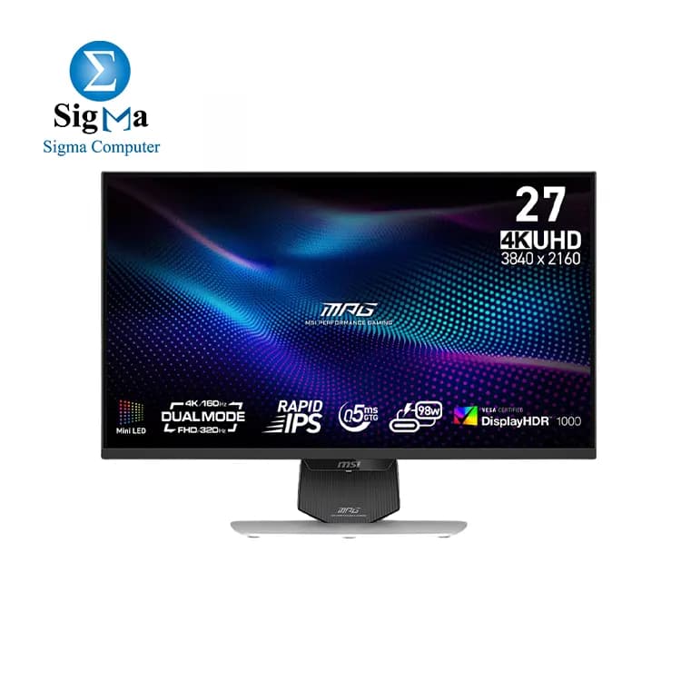 شاشة جيمنج ام اس اي MPG 274URDFW E16M مقاس 27 بوصة UHD Mini-LED - وضع مزدوج 4K/1080p، تردد 320Hz، HDR1000، منفذ Type-C 98W