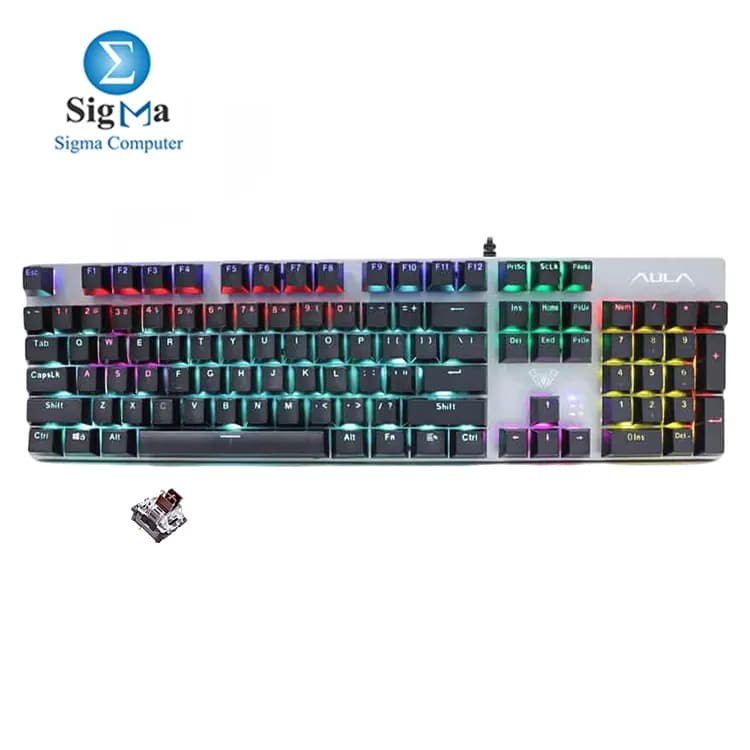 كيبورد ميكانيكي Aula F2068Pro بسويتش بني - 104 مفتاح، USB، إضاءة رينبو