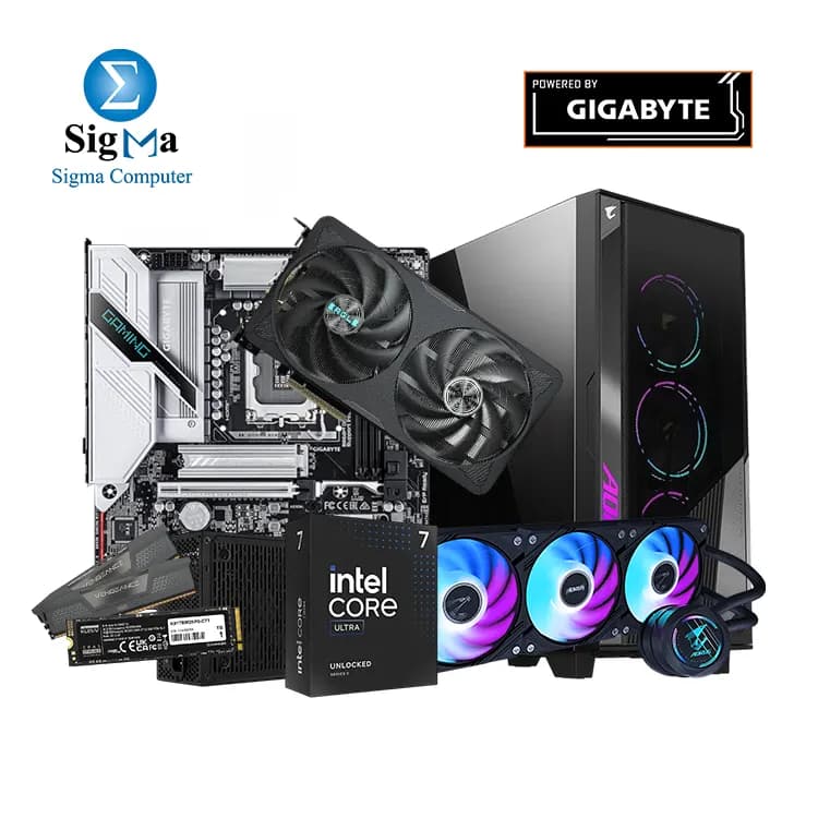 تجميعة Powered by جيجابايت - انتل Core Ultra 7 265K - جيجابايت B860M GAMING, كورسير 32GB DDR5 6000MT/s, جيجابايت 5060 Ti EAGLE OC 8G - KLEVV C715 1TB M.2 - Aerocool 650W 80Plus Bronze - جيجابايت WATERFORCE II 360 - جيجابايت AC400G Mid Tower Case