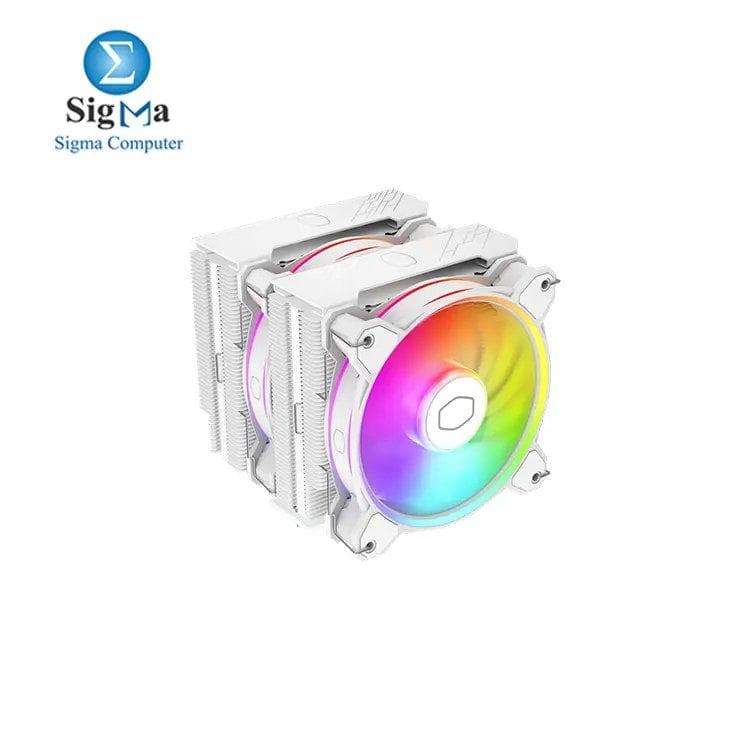 مبرد هوائي للمعالج Cooler Master Hyper 622 Halo أبيض ببرج مزدوج، مروحة Halo²، إضاءة Dual Loop ARGB، غطاء علوي ألومنيوم، 6 أنابيب حرارية، ارتفاع 154mm، يدعم AMD Ryzen AM5/AM4 و Intel LGA1700/1200 (RR-S4WW-20PA-R1)