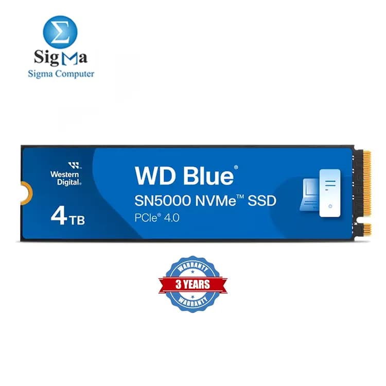 WD Blue SN5000 NVMe™ SSD 4TB (M.2 2280, PCIe Gen4 x4, 5,500MB/s Read, 5,000MB/s Write, 1200 TBW, 3-Year Warranty).