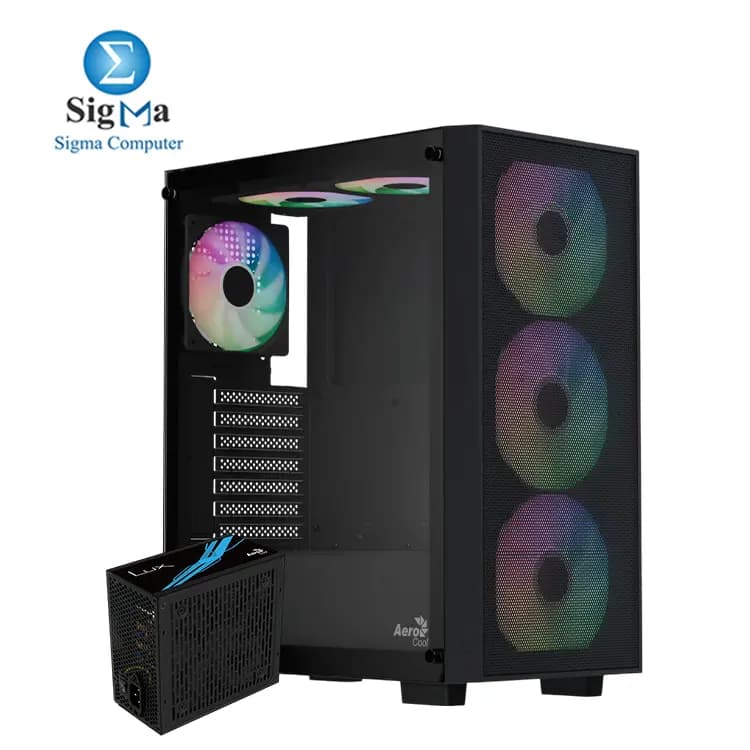 Aerocool B509A Flow Black Mid Tower Case (6 Fans) + LUX 650W 80+ Bronze PSU
