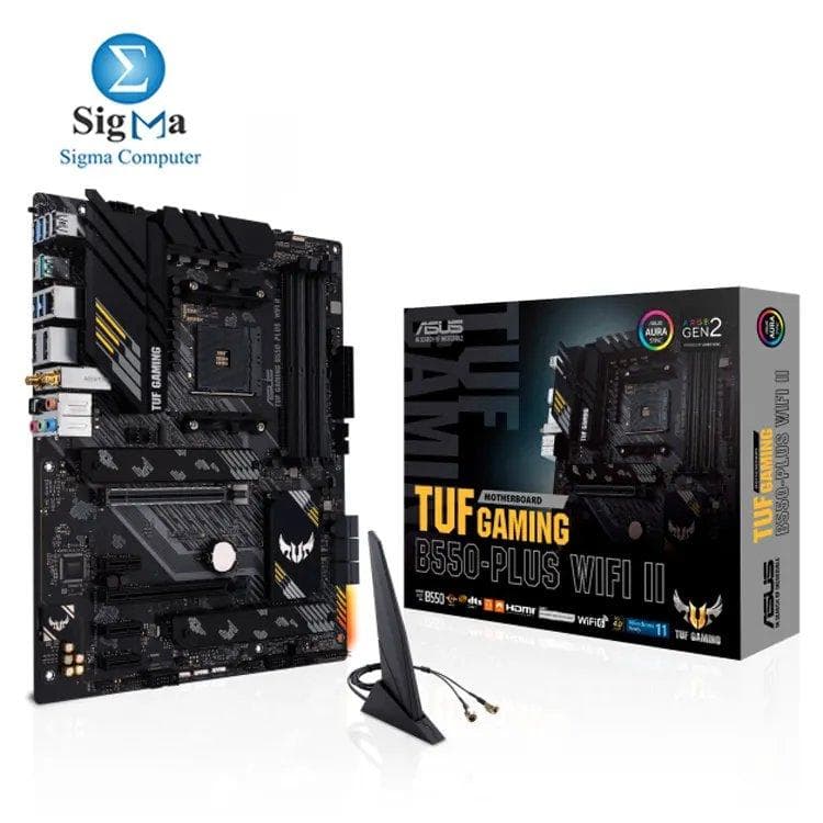 ASUS TUF GAMING B550-PLUS WIFI II – AM4 ATX motherboard with PCIe 4.0, Wi-Fi 6, 2.5G LAN, Dual M.2, USB 3.2 Gen 2, and Aura Sync RGB.
