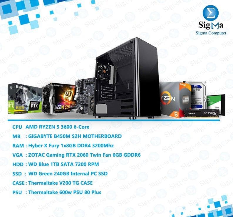 باندل معالج RYZEN 5 3600 - كرت شاشة ZOTAC Gaming RTX 2060 Twin Fan 6GB - لوحة أم B450M DS3H - هارد ويسترن ديجيتال Blue 1TB - رام Hyber X Fury 8GB DDR4 3200 - هارد Green 240GB - كيسة Thermaltake V200 TG +600W 80+