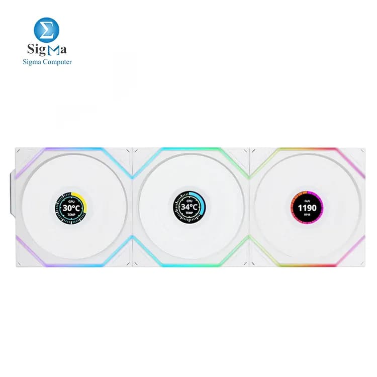 طقم 3 مراوح ليان لي UNI Fan TL 120 LCD ريفيرس بليد لاسلكية ARGB أبيض مع وحدة تحكم لاسلكية 2.4 GHz Fan-12RTLLCD1W3W أبيض