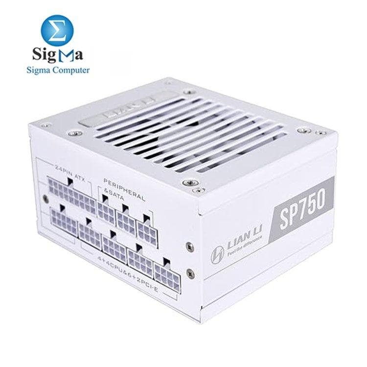 LIAN LI SP750 WHITE: 750W fully modular SFX PSU, 80 PLUS Gold, zero RPM fan below 40% load, Japanese capacitors, 5-year warranty.
