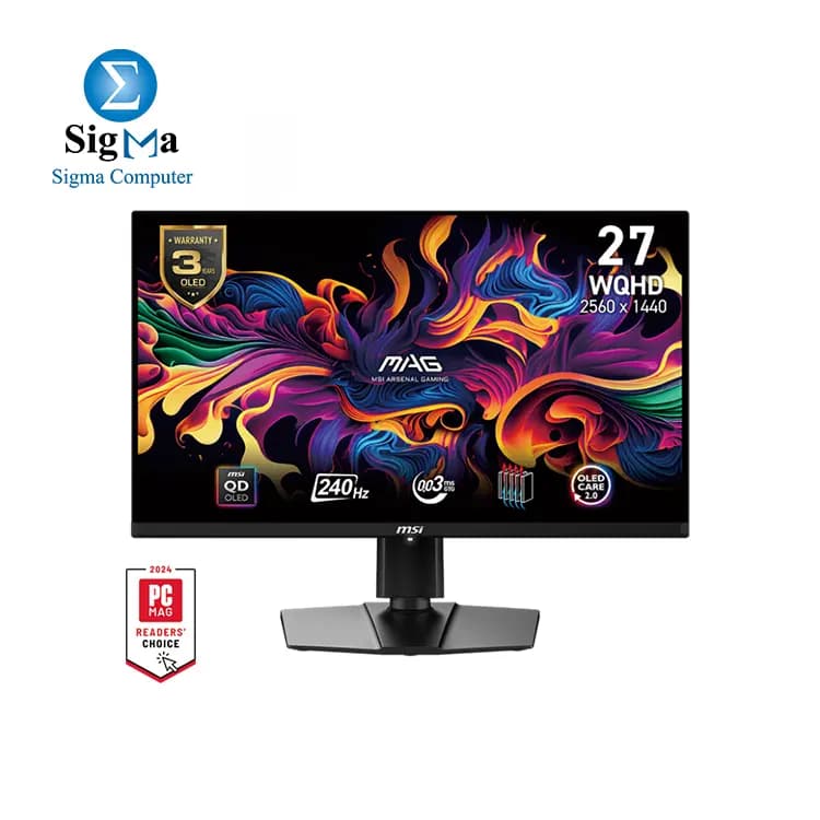 شاشة جيمنج ام اس اي MAG 271QPX QD-OLED E2 مقاس 27 بوصة 2K، دقة 2560 x 1440 (WQHD)، زمن استجابة 0.03ms، معدل تحديث 240Hz، تقنية True Black HDR 400، منافذ HDMI و DP، قابلة لتعديل الميل والارتفاع