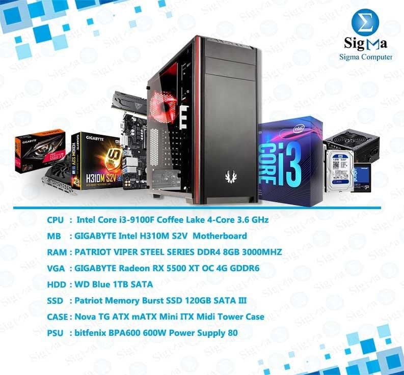 باندل (انتل Core i3-9100F - جيجابايت Intel H310M S2V - RX 5500 XT OC 4G - PATRIOT 8GB 3000 - Patriot SSD 120GB - Nova TG ATX - bitfenix 600W PSU)