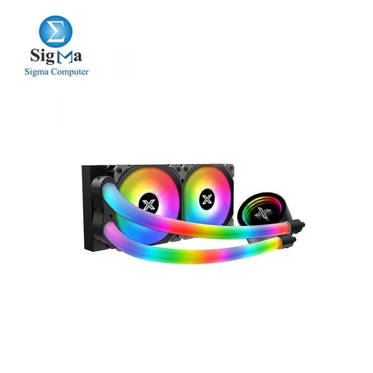 مبرد مائي XIGMATEK Neon Aqua 240 ARGB AIO يتميز بقاعدة تبريد نحاسية، رادياتير ألومنيوم 277x120x27mm، مضخة 2500 RPM، تدفق هواء 82.2 CFM، ويدعم سوكيت انتل و اي ام دي
