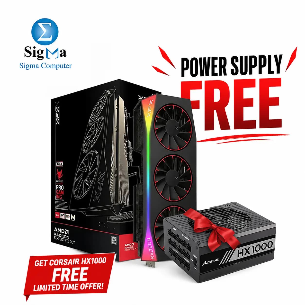 XFX RX 9070 XT Mercury OC 16GB with FREE Corsair HX1000 1000W 80+ Platinum Fully Modular PSU