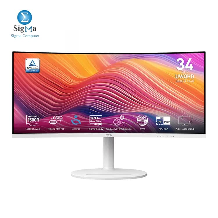 شاشة ام اس اي Modern MD342CQPW مقاس 34 بوصة VA 3440x1440 (UWQHD)، 120Hz، منحنية 1500، Adaptive-Sync، قابلة لتعديل الارتفاع، سماعة، 1ms، أبيض