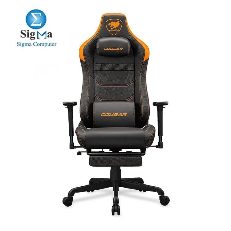 COUGAR ARMOR EVO S ORANGE – Magnetic memory foam neck pillow, breathable PVC leather, full steel frame, 3D adjustable armrests, retractable footrest, lumbar cushion, 155° reclining, and Class 4 gas lift