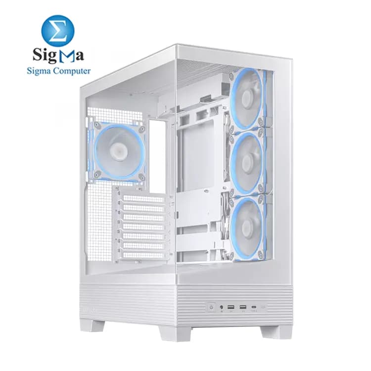 ASUS A31 PLUS White Mid Tower Case with support for hidden-connector motherboards, 360mm radiators, 380mm GPUs, 165mm CPU coolers, tempered glass panels, 4 pre-installed ARGB fans, and USB 3.2 Gen 2x2 Type-C