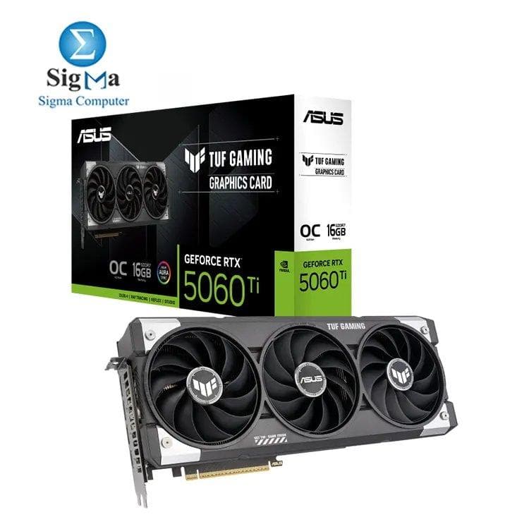 كرت شاشة اسوس TUF-RTX5060TI-O16G-GAMING، انفيديا RTX 5060 Ti، سعة 16GB GDDR7، سرعة 2692MHz، 4608 CUDA Cores، PCIe 5.0، ARGB، 1x HDMI 2.1b، 3x DP 2.1b، طاقة 16-pin، يوصى بمزود طاقة 550W