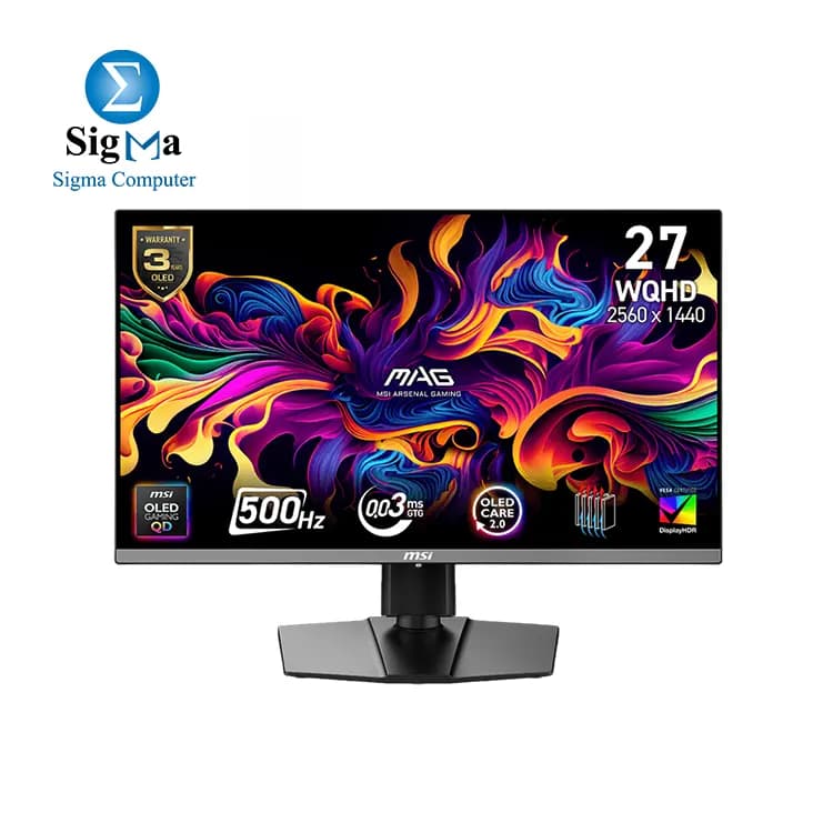 شاشة جيمنج ام اس اي MAG 272QP QD-OLED X50 مقاس 26.5 بوصة 2560 x 1440 (WQHD)، 500Hz، تدعم AMD Adaptive-Sync، HDR، منافذ HDMI و VGA، قابلة للتعليق VESA، قابلة للميل، حواف نحيفة، 0.03ms، لون أسود