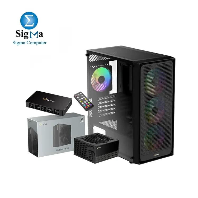 كيسة Ocypus Gamma C50 أسود ARGB مع مزود طاقة P650 80+ White و 4 مراوح مع وحدة تحكم Ocypus Delta EH10 PRO 10-Port ARGB & PWM