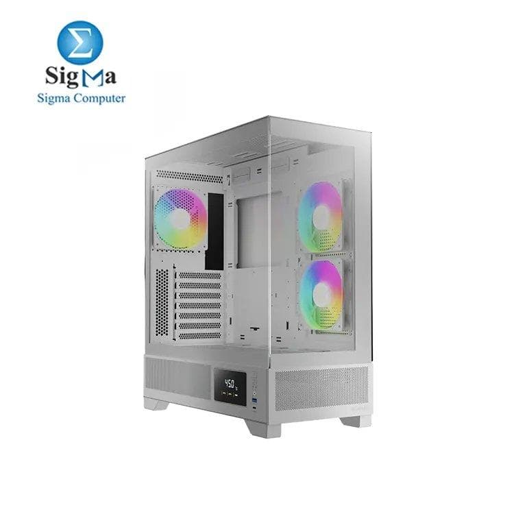 GAMDIAS White Mid Tower Gaming Computer Case w/Display& App, ATX Tempered Glass PC Case, Built-in 3x120mm ARGB PWM Fans, Up to RTX GPU/VGA 410mm & 360mm AIO/Radiator & 6x120mm Fans & 160mm CPU Cooler