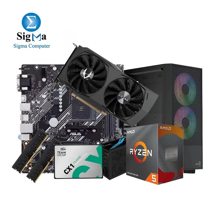 تجميعة جيمنج Dragon R5 4500 + 3050 8GB - معالج AMD Ryzen 5 4500 - لوحة أم اسوس Prime B450M-K II - كرت شاشة ZOTAC GAMING GEFORCE RTX 3050 ECO 8GB - رام 16GB - هارد 240GB SSD - كيسة AeroCool B508A مع باور سبلاي 550W