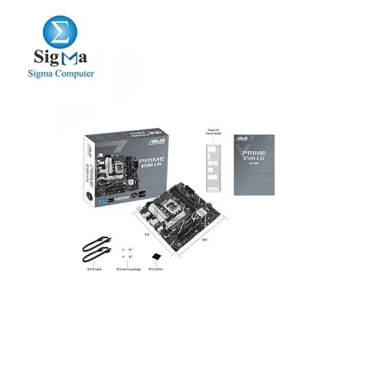ASUS PRIME B760M-A D4 (LGA 1700) mATX motherboard, PCIe 4.0, two M.2 slots, Realtek 2.5Gb Ethernet, DisplayPort, Dual HDMI®, SATA 6 Gbps, rear USB 3.2 Gen 2, front USB 3.2 Gen 1 Type-C®, Aura Sync