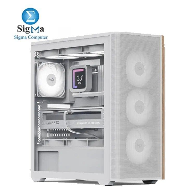 كيسة AeroCool D501A Mid Tower، واجهة شبكية بلمسات خشبية، دعم رادياتير 360mm، 11 فتحة مروحة، دعم كرت شاشة 400mm، ATX/m-ATX/Mini-ITX، فلاتر أتربة مغناطيسية، هيكل صلب SPCC، تصميم عصري، أبيض