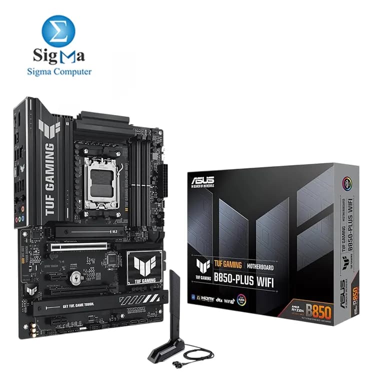 لوحة أم اسوس TUF GAMING B850-PLUS WIFI: مقبس AMD AM5، شريحة B850، تدعم معالجات Ryzen 9000/8000/7000، 4 فتحات DDR5 (256GB، 8000+MT/s)، منفذ PCIe 5.0 x16، 3 منافذ M.2، 4 منافذ SATA، شبكة 2.5Gb LAN، واي فاي 6E، منفذ USB 20Gbps، صوت Realtek ALC1220P، مقاس micro-ATX