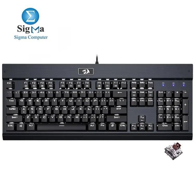 Redragon KG010 Mechanical Gaming Keyboard with dust-proof Brown switches, white LED backlight, full-size layout, and durable aluminum-ABS build – perfect for typing and gaming.