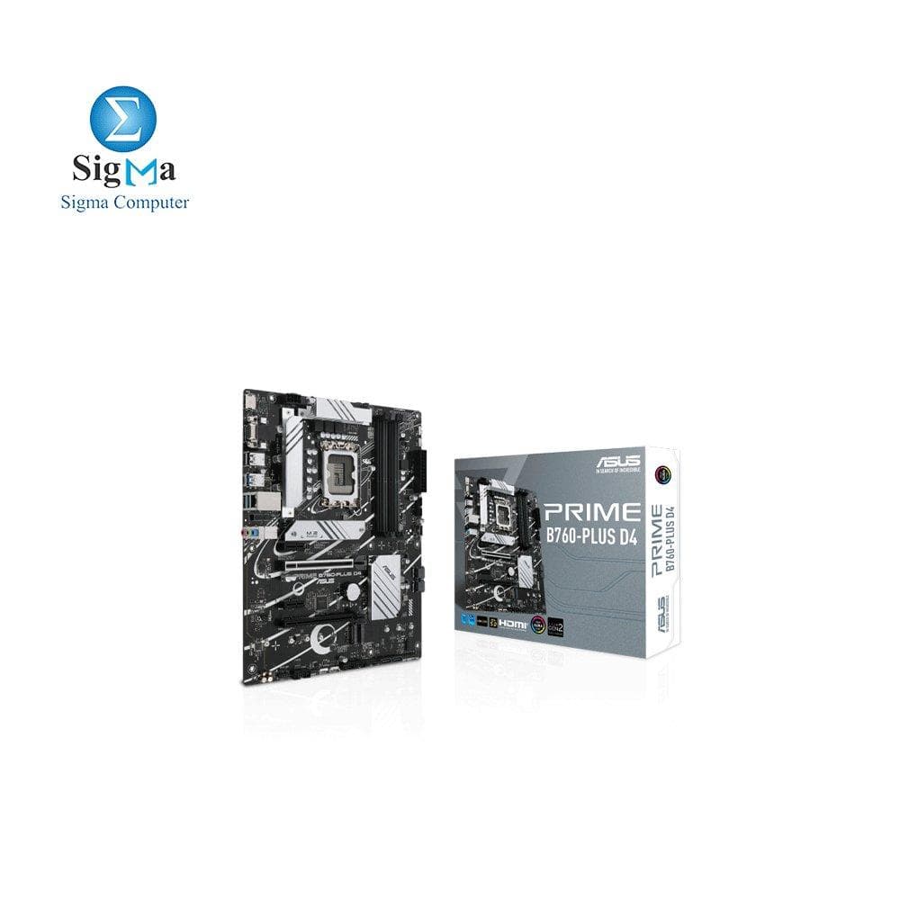 ASUS Prime B760-PLUS D4, an Intel® B760 LGA 1700 ATX motherboard with PCIe 5.0, three PCIe 4.0 M.2 slots, DDR4, Realtek 2.5Gb Ethernet, DisplayPort, VGA, HDMI®, SATA 6 Gbps, USB 3.2 Gen 2x2 Type-C®, front USB 3.2 Gen 1 Type-C®, Thunderbolt™