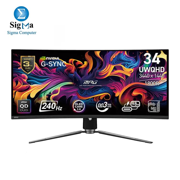 شاشة ام اس اي MPG 341CQPX QD-OLED مقاس 34 بوصة UWQHD، QD-OLED، منحنية، 240Hz، 0.03ms، متوافقة مع G-Sync