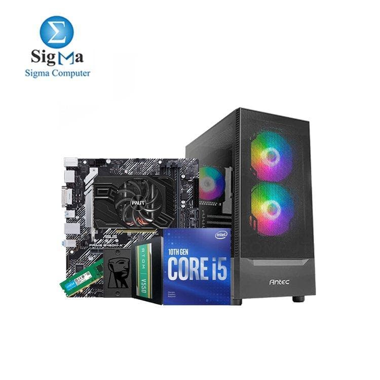 تجميعة انتل Core i5-10400F، لوحة أم اسوس PRIME B460M-A، كرت شاشة PALIT GeForce GTX 1660 Ti، رام Crucial 8GB DDR4-3200، هارد كينجستون 240GB SSD، كيسة ANTEC NX4155، باور سبلاي ANTEC V550