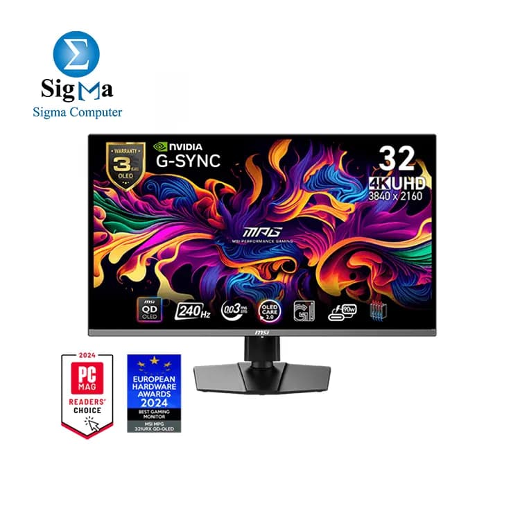 شاشة جيمنج ام اس اي MPG 321URX QD-OLED مقاس 32 بوصة UHD (3840×2160) - تردد 240Hz، زمن استجابة 0.03ms، FreeSync Premium Pro و DisplayHDR True Black 400، USB-C 90W PD
