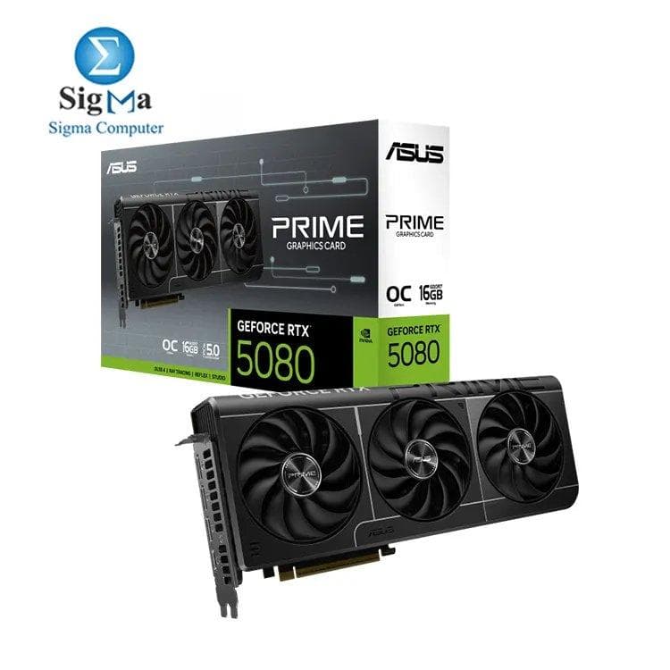 ASUS PRIME GeForce RTX 5080 features 16GB GDDR7, 10,752 CUDA cores, 2685 MHz boost clock, 8K resolution support, triple Axial-Tech cooling with a 16-pin connector.