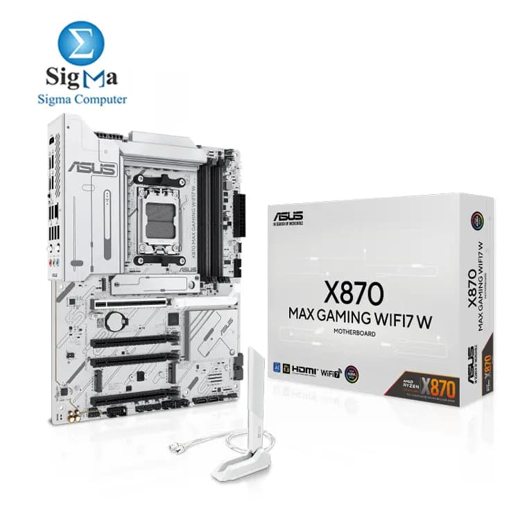 لوحة أم اسوس X870 MAX GAMING WIFI7 W - مقاس ATX، شريحة AMD X870، مقبس AM5، ذاكرة DDR5 256GB، PCIe 5.0، عدد 3 M.2، عدد 4 SATA، واي فاي 7، بلوتوث 5.4، منفذ LAN 2.5Gb، منفذ USB4 Type-C، HDMI، تقنية Aura Sync