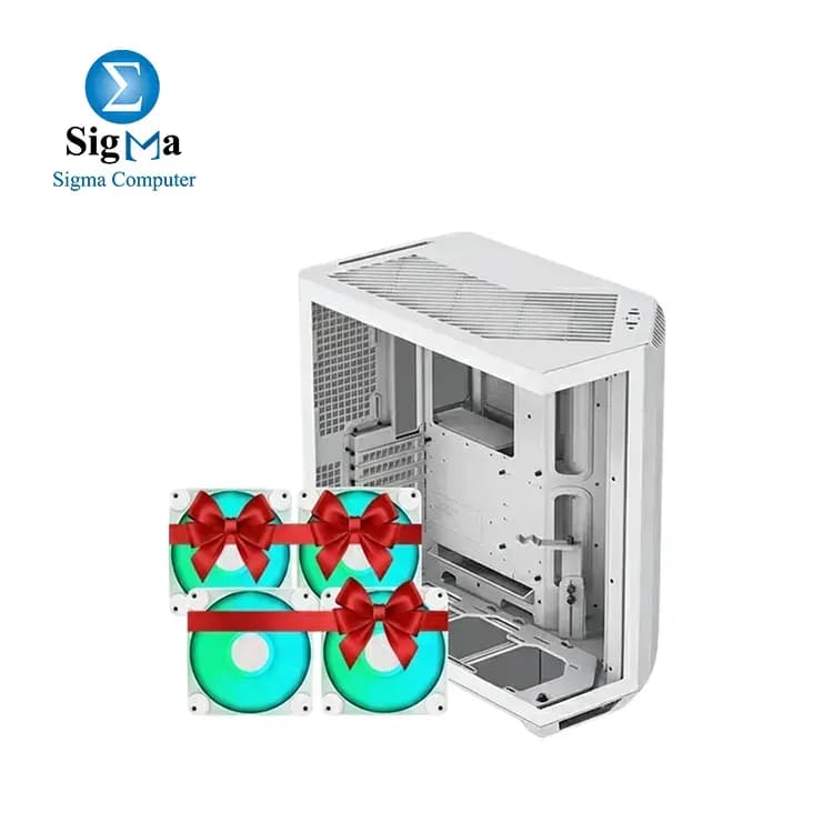 كيسة كمبيوتر APNX V1 Dual-Chamber ATX Mid-Tower لتدفق الهواء، أبيض مع 4 مراوح APNX FP1-120 أبيض أداء ARGB 120mm PWM مجاناً